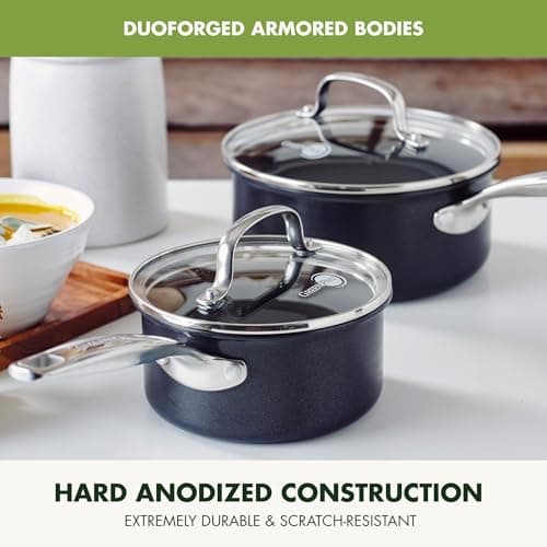 GreenPan Prime Chatham 1QT & 2QT Saucepan Pot Set with Glass Lids, Hard Anodized Diamond Infused Ceramic Nonstick, PFAS-Free, Dishwasher Safe, Oven Safe, Multipurpose Chefs Pan, Stay-Cool Handle,Black 5