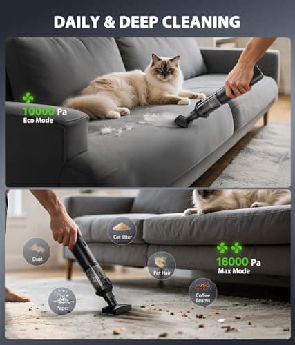 Car Vacuum Portable Cordless Handheld Vacuum Cleaner 4-in-1 Mini Cordless Vacuum with 2 Suction Modes and 16800pa Suction Power Blowing & Inflating 2 Modes Handheld Vacuum for Car, Desk, Keyboards 5