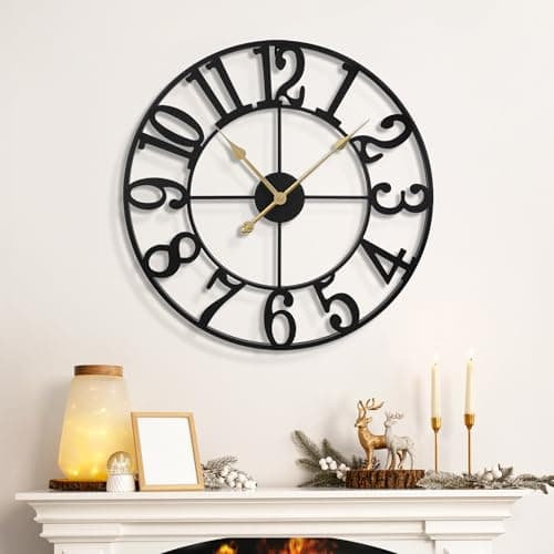 LEIKE Large Wall Clocks,Silent,Non Ticking,Battery Operated Rustic Round Modern Big Metal Wall Clock for Living Room, Bedroom,Kitchen,Farmhouse,Office,Home Decor-16 Inch(Black-Arabic Number) 8