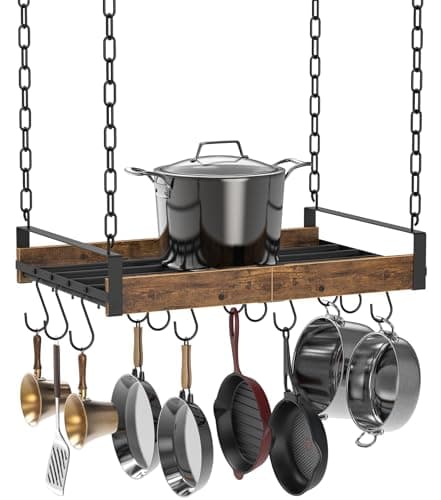 Creso hom Hanging Pot Rack, 24x13 Inch Pot Hangers for Kitchen with 12 S-Shaped Hooks, Vintage Ceiling Mounted Pan Holder with Raised Edges for Cookware Storage, Rustic Brown and Classic Black