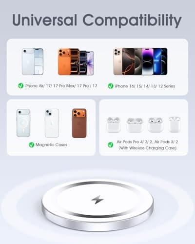 WRVVR for Apple Mag-Safe Charger 2 Pack, Magnetic Wireless Charger for iPhone 17/17 Pro/17 Pro Max/Air/16 15 14 13 12 Pro Max Plus mini, Charging Pad for Airpods Pro 3 2,Strong Magnet, Silver 6