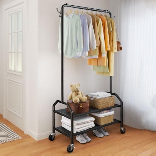 Wiracks Clothes Rack for Hanging Clothes with Bottom Shelves Heightened Rolling Clothing Rack 2" Industrial Wheels 35" W x 16" D X 75" H 600D Oxford Clothes Welded Integrated Reinforced Widened Base 9