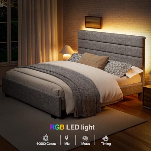 ZENBEDING Upholstered Bed Frame Queen Size with Linen Headboard, Queen Platform Bed Frame with LED Lights, Modern BedFrame with Footboard, No Box Spring Needed, Light Gray 7