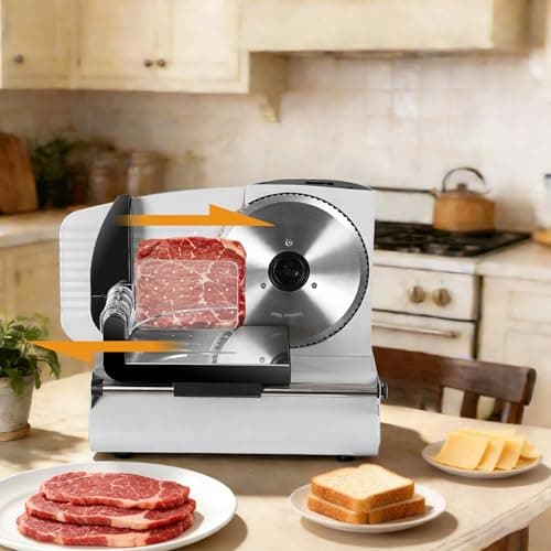 SUPER DEAL Premium Electric Food Meat Slicer - 7.5inch Stainless Steel Blade Home Kitchen Deli Meat Food Vegetable Cheese Cutter - Thickness Adjustable - Spacious Sliding Carriage - Easy to Clean 8