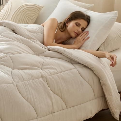 Bedsure Full Size Comforter - Comforter Full for All Season, Ultra-Soft Down Alternative & Prewashed Duvet Insert with 4 Tabs - Machine Washable, Linen, 86x82 Inches