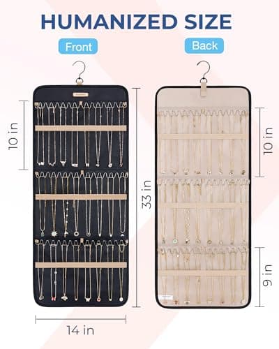 BAGSMART Hanging Necklaces Organizer Jewelry Holder Storage Roll with Hanger Metal Hooks Double-Sided Jewelry Organizer for Necklaces, Bracelets on Closet, Wall, Door, 1 piece, Large Black 5