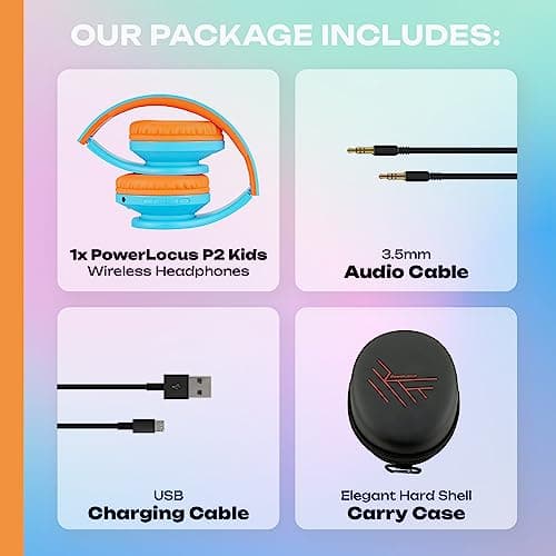 PowerLocus Kids Headphones Over-Ear, Bluetooth Wireless Headphones for Kids,with Microphone, Safe 85DB Volume Limited, Foldable with Carry Case, Audio Cable, Micro SD mode for Online Classes,PC,Phones 9