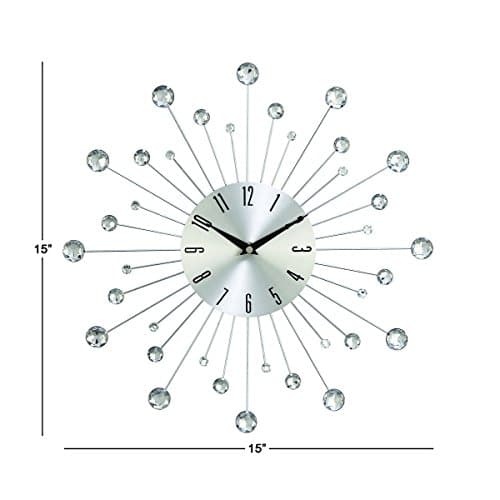 Deco 79 Metal Starburst Decorative Wall Clock With Crystal Accents for Home and Room, 15" x 2" x 15", Silver 6