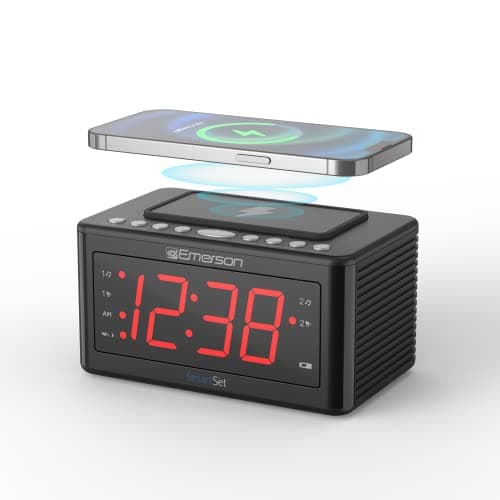 Emerson CKSW0555 Smartset Wireless Charging Alarm Clock Radio Featuring a Large 1.4" Red LED Display and Temperature Sensor, FM Radio, Black