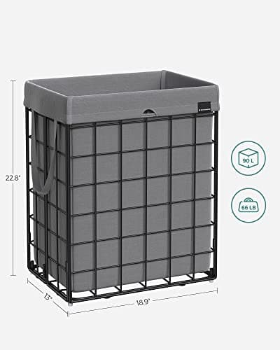 SONGMICS Laundry Hamper, 23.8 Gal. (90L) Laundry Basket, Collapsible Clothes Hamper, Removable and Washable Liner, Metal Wire Frame, for Bedroom Bathroom, Black and Gray ULCB190G01 5