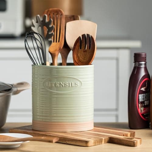 YHOSSEUN Kitchen Utensil Holder, Ceramic Utensil Holder for Kitchen Counter 6.7" Large Cooking Utensil Crock Farmhouse Utensil Organizer Storage, Oval Opening, Green 8