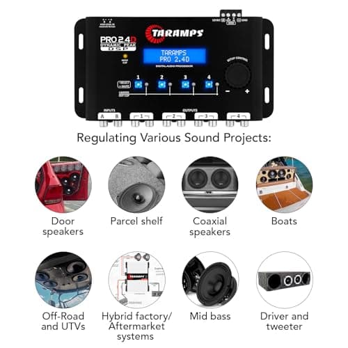 Taramps Pro 2.4D Dynamic Peak DSP Crossover Full Digital Signal Car Audio Processor and Equalizer, RCA and High Level Input, 4-Channel Out, 5-Band Input, Eq 12 preset, Peak and RMS Limiter Function 7