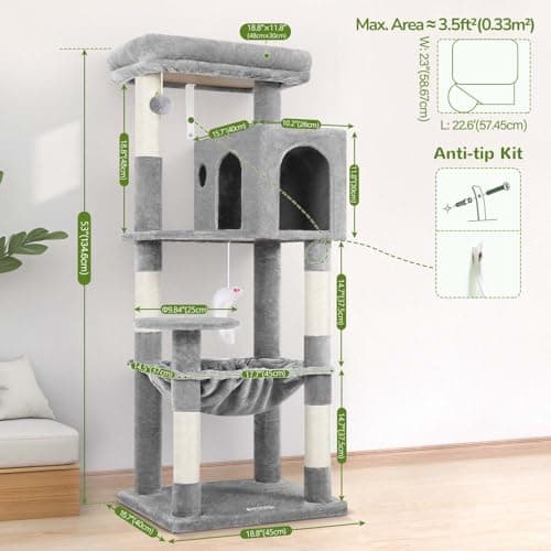 Globlazer Cat Tree Tower with Scratching Post for Indoor Cats, 53inch Tall Plush Multi-Level Cat Climbing Tower Condo House with Large Hammock, Spacious Cat Cave, Padded Top Perch Bed, F53, Light Gray 6