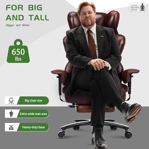 Big and Tall Office Chair with Footrest 650LBS,Large Heavy Duty Executive Office Chair-Wide Seat,Ergonomic High Back Computer Chairs for Heavy People,Adjustable Lumbar Support,Dual Rubber Wheels,Brown 7
