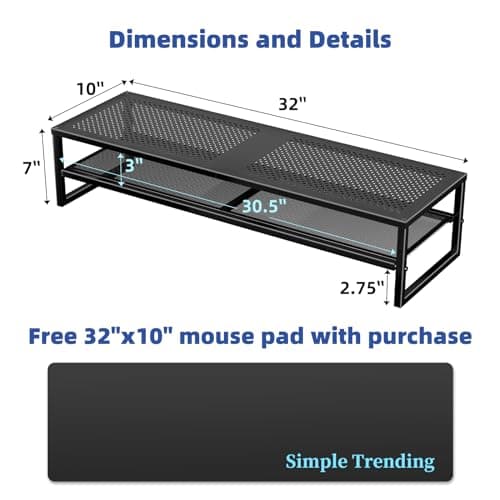 Simple Trending 2 Tier Metal Dual Monitor Stand Riser,Computer Office Desktop Organizer for 2 Monitors With 32"x10" Mouse Pad ,for Laptop,Printer,TV,Black 6
