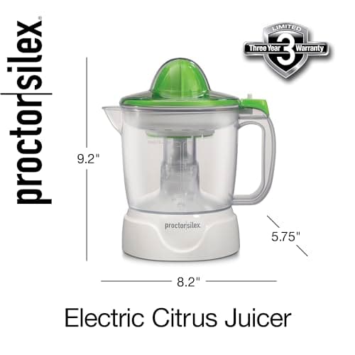 Proctor Silex Electric Citrus Juicer Machine, Large 34 oz. Pitcher, Pressure Activated, 2 Reamers for Big and Small Fruit, Pulp Control, for Orange, Lemon, Grapefruit Juice, White & Green (66340) 8