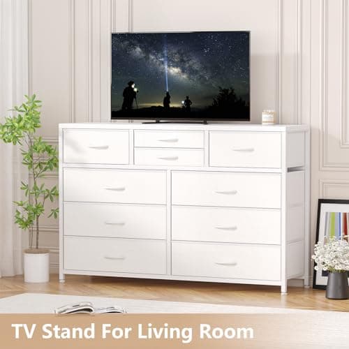 Jojoka Wide 10 Drawer Dresser,TV Stand Entertainment Center Fabric Storage Dressers Drawers for Bedroom, Hallway, Nursery, Closets, Steel Frame, Wood Top (White) 9