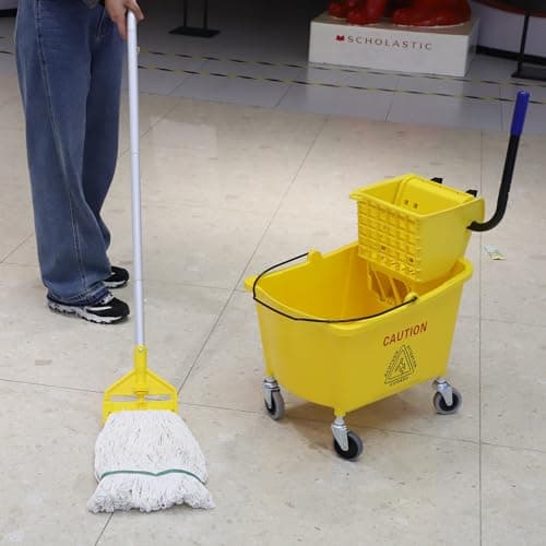 Midoneat Commercial Mop Bucket with Side Press Wringer on Wheels, Including One Commercial Mop, 35 Quart, Yellow 7