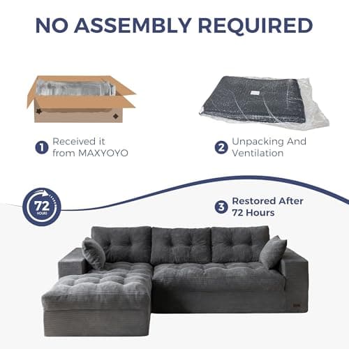 MAXYOYO 104" L Shaped Modular Sectional Sofa with Ottoman, Cloud Boneless Couch with Layered Cushion, Upholstered Sofa in a Box, Flexible Module Combination for Living Room, No Assembly, Dark Grey 7