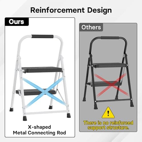 BONTEC 2-Step Ladder, Folding Step Stool, 600lbs Max Load Capacity, Sturdy Steel, Non-Slip Pedals, Lightweight, Portable Steel Ladder with Convenient Handrail, Safety Design for Home & Work, White 6