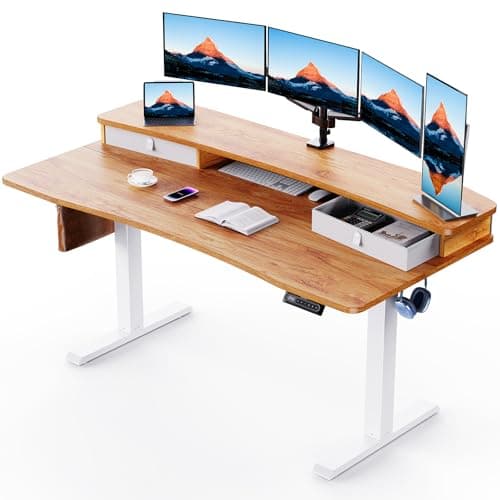 HUANUO 60″ x 30″ Electric Standing Desk with 2 Drawers, C-Clamp Mount Compatible, Height Adjustable Computer Desk, Home Office Stand Up Desk with 4 Preset Heights & 2 Hooks, Light Vintage