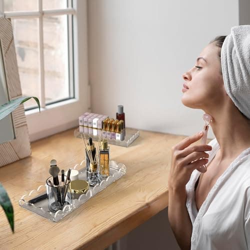 Starry 2 Pack Acrylic Scalloped Tray Clear Acrylic Bathroom Vanity Tray for Bathroom Counter Living Room Decor Organizing Soap Perfume Makeup (Large: 11" L x 5" W + Middle: 8" L x 4" W) 6