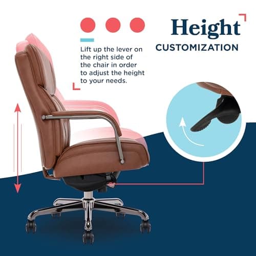 La-Z-Boy Symphony Executive Mid-Back Office Chair, Diamond Quilt Seat and Back, Pocket Coil Cushion, Padded Armrests, Ergonomic Computer DeskChair, Swivel Metal Base, Bonded Leather, Cognac/Graphite 8