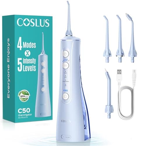 COSLUS C50 Portable Water Flosser for Teeth: 4 Modes & 5 Intensity Levels Professional Electric Dental Pick for Sensitive Gums, Braces & Orthodontic - Cordless for Travel Use, for Adults, BPA-Free