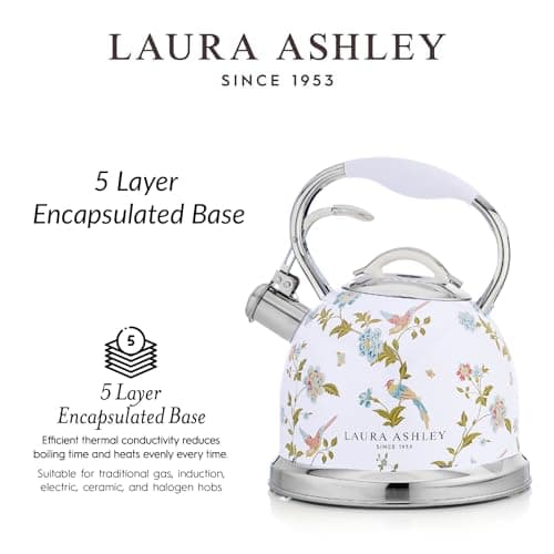 VQ Laura Ashley Elveden White 3L Stainless Steel Tea Kettle Stovetop Whistling Teapot for Induction, Gas Hob or others. Silicon Coated Cool Handle & Push Button Mechanism Vintage Stove Top Kettle 5