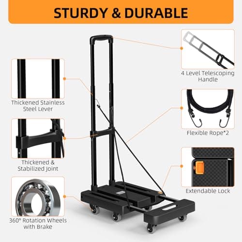 TROOZY Folding Hand Truck, 500 LB Heavy Duty Luggage Cart, Utility Dolly Platform Cart with 6 Wheels & 2 Elastic Ropes for Luggage, Travel, Moving, Shopping, Office Use, Black 6