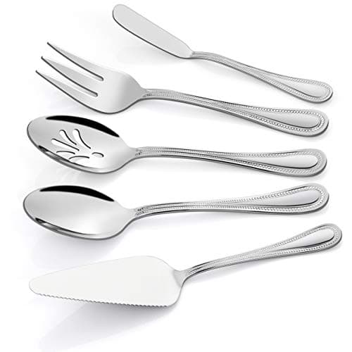 HaWare Serving Utensils, 5 Pieces Stainless Steel Silverware Set, Pearled Edge Hostess Flatware for Buffet Party Kitchen Restaurant, Mirror Finished & Dishwasher Safe