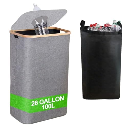 26 Gallon/100L Kitchen Recycling Bin with Lid & 1 Reusable Inner Bags - Ideal for Bottles, Cans, Glass, Plastic Waste (Grey)