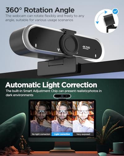 Webcam 4K with Microphone and Webcam Cover Plug and Play with Auto Light Correction for Laptop PC Desktop for Live Streaming Video Call Conference 5