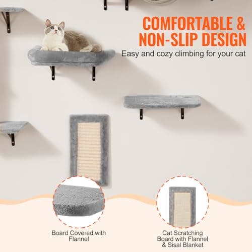 VEVOR Wall Mounted Cat Shelves, Perches with Jumping Boards, Hammock, Sofa, Cat Furniture and Shelves up to 40 lbs for Sleeping, Playing, Climbing, Set of 6 5