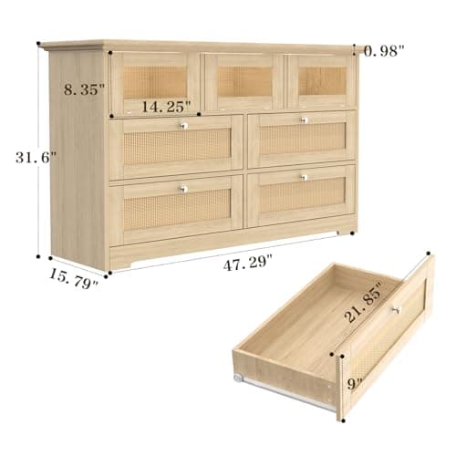 Yeyawomy Dresser for Bedroom, 7 Drawers Rattan Dresser with LED Light and Charging Station,Dressers & Chests of Drawers,Wooden Long Dresser for Bedroom and Living Room 2