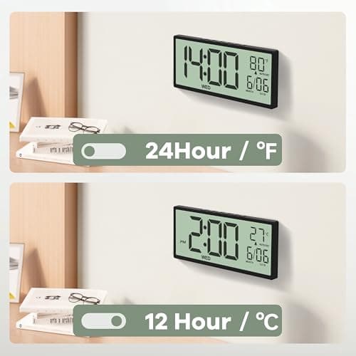 JALL 14.5" Large Digital Wall Clock Battery Operated with Big Digits LCD Screen Display, Day, Date, Alarm, Auto DST, Temperature for Living Room, Bedroom, Desk Decor, Mounted, Gift for Elderly 7