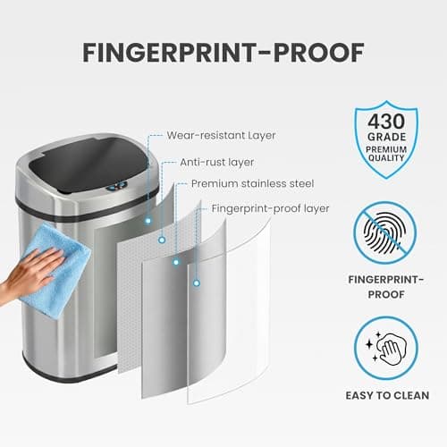 iTouchless 13 Gallon Oval Sensor Trash Can with Odor Filter, 50 Liter Automatic Kitchen Garbage Bin, Fingerprint-Proof Stainless Steel, Smart Hands-Free Motion Lid, Quiet Soft-Close, Brushed Silver 8