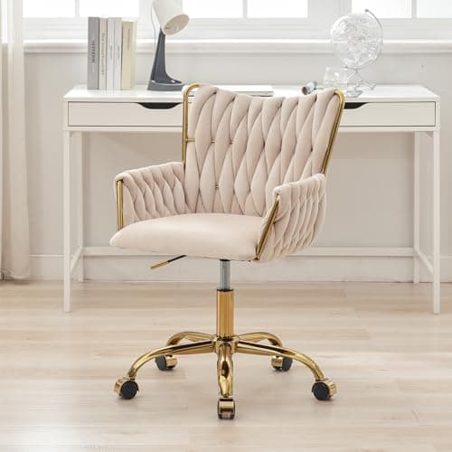 ABET Velvet Desk Chair with Wheels, Cute Upholstered Swivel Office Chair, Modern Gold Rolling Hand Woven Height Adjustable Armchair for Women Girls Home Makeup, Vanity, Nail Salon, Beige
