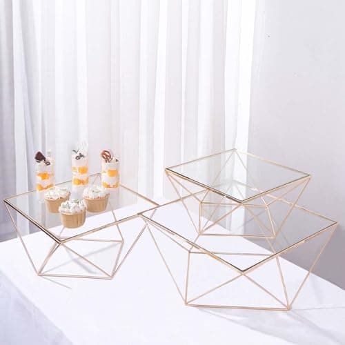 Efavormart Set of 3 Gold Metal Geometric Cake Stands with Glass Top - 12", 14", 16" Dessert Risers for Cupcake and Pastry Display at Wedding Events