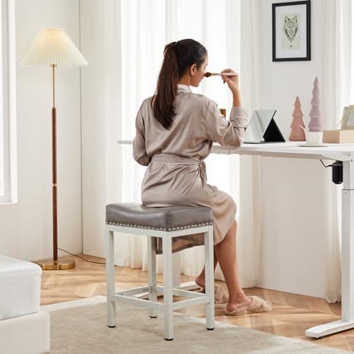 DUMOS Saddle Bar Stools Set of 4, 24 Inch Counter Height Stools with Curved PU Leather Surface, 3.7" Thick Upholstery Bar Height Stools with Footrest for Kitchen Island, Dining, Cafe, Gray 6