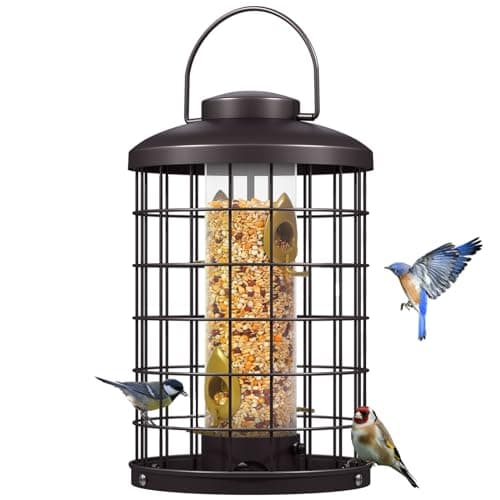 Mosloly Caged Bird Feeders Metal - 3 Lbs - Squirrel-Proof Wild Bird Feeders, Clear Tube Feeders Hanging Outside Starling Proof, Detachable Cleaning, 4 Feed Ports(Copper)