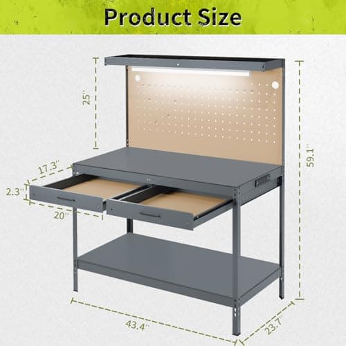 Henetion Work Bench, Workbench with Power Outlets and Light, A3 Steel Work Table with Drawers, Pegboard, 600LBS Capacity Garage Workbench, Heavy Duty Work Benches for Garage Workshop, Basement, Gray 5
