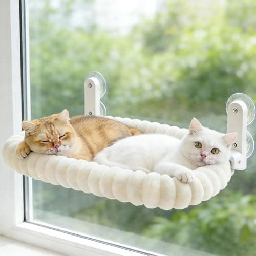 Zoratoo Cat Window Perch with Bolster, Cordless Foldable Cat Window Hammock with Strong Suction Cups & Metal Frame, Machine Washable Pet Bed for Indoor Cats (White, Medium)