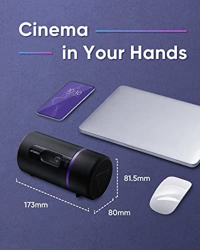 NOMVDIC R150 Mini Projector, Portable Battery Operated Projector with 4hrs of Playtime , Ceiling Projector with 90˚ Rotating Lens, 6W Harman Kardon Speaker, Auto Keystone 7