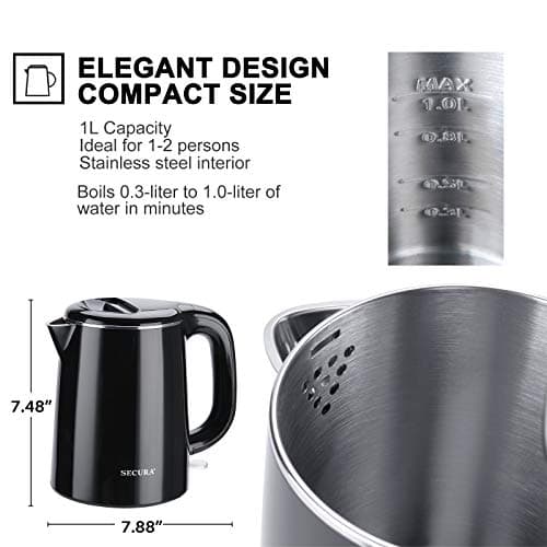 Secura Stainless Steel Double Wall Electric Kettle Water Heater for Tea Coffee w/Auto Shut-Off and Boil-Dry Protection, 1.0L (Black) SWK-1001DB/HB-K012 5
