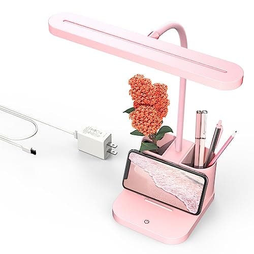 AXX Pink Desk Lamp for Home Office, Cute Table Lights for Bedrooms, Kawaii, Dimmable LED, Flexible Gooseneck, Pen Holder, Touch Control, Room College Dorm Essentials for Teen Girls Kids