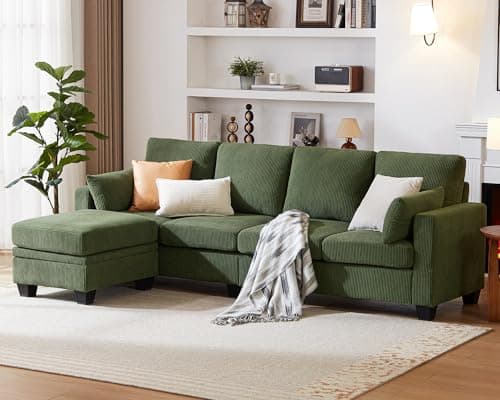 Modular Sectional Sofa with Storage Ottomans, Corduroy Cloud Couch for Small Spaces & Apartments, Reconfigurable L/U Shaped Convertible Corner Sofa, Green, 5 Seater Sectional