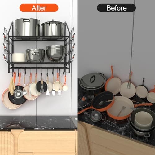 VyGrow 28 Inch Pot Rack Wall Mounted, 2 Tier Pots and Pans Organizer with 20 Hooks and 6 Pot Lid Holders, Heavy Duty Steel Pot and Pan Hanger for Kitchen Cookware Utensils Storage 34.7" Lx13 Wx26.4 H 7