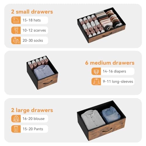 Jojoka Wide Dresser with 10 Large Drawers for 55'' Long TV Stand with Power Outlet Entertainment Center, Storage Fabric Drawer Unit for Bedroom, Closet, Entryway, Sturdy Metal Frame, Rustic Brown 6