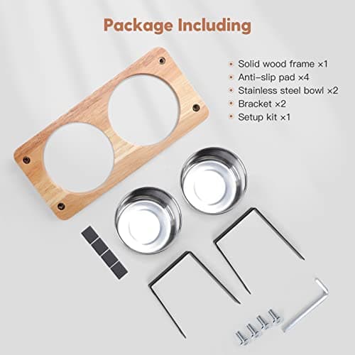 Siooko Elevated Cat Bowls, 15° Tilted Raised Cat Food Bowls Wood Pet Bowls with Stand Anti Vomiting 2 Stainless Steel Bowls for Cats and Puppy 6